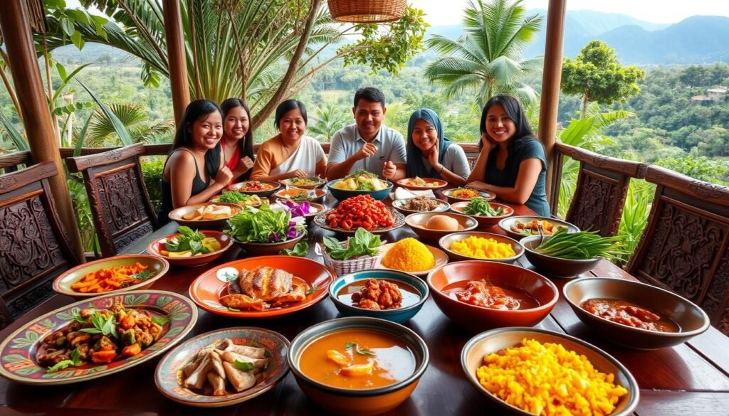 A beautifully arranged traditional Sulawesi meal, featuring an array of vibrant dishes like spicy grilled tuna, rich Makassar soup, and fragrant yellow rice. In the foreground, a wooden table adorned with colorful plates, fresh herbs, and intricate carvings, capturing the essence of Indonesian culture. In the middle, a diverse group of people in modest casual clothing enjoying the meal, exuding joy and connection. The background includes lush tropical foliage and distant hills, reflecting Sulawesi's natural beauty. The lighting is warm and inviting, with soft, natural illumination that highlights the textures and colors of the food. The atmosphere is festive and communal, embodying the authentic culinary experience of Sulawesi.