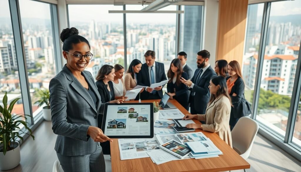 A bustling real estate office filled with diverse professionals in smart business attire, collaborating over housing market data and architectural plans. In the foreground, a confident woman pointing at a digital tablet showcasing modern properties. In the middle ground, a team of diverse men and women engaged in discussion around a large conference table, papers and property brochures scattered about. The background features large windows revealing a vibrant cityscape with well-designed homes and high-rise buildings. Soft, natural lighting floods the space, creating a productive and inviting atmosphere. Shot from a slightly elevated angle to capture the energy and dynamism of the setting, emphasizing teamwork in the property industry.