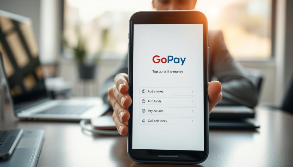 A close-up scene depicting a modern smartphone displaying the GoPay app interface, emphasizing the top-up process for e-money. In the foreground, the phone's screen highlights the vibrant GoPay logo and user-friendly options for adding funds. In the middle ground, a user’s hands in professional business attire are shown tapping the screen, showcasing an engaged interaction. The background features a stylish, minimalistic workspace with soft natural lighting, crafting a professional and inviting atmosphere. The focus is sharp on the phone while the background maintains a slightly blurred effect, creating a sense of depth. The overall mood is productive and informative, illustrating the ease of managing electronic money on-the-go. A close-up scene depicting a modern smartphone displaying the GoPay app interface, emphasizing the top-up process for e-money. In the foreground, the phone's screen highlights the vibrant GoPay logo and user-friendly options for adding funds. In the middle ground, a user’s hands in professional business attire are shown tapping the screen, showcasing an engaged interaction. The background features a stylish, minimalistic workspace with soft natural lighting, crafting a professional and inviting atmosphere. The focus is sharp on the phone while the background maintains a slightly blurred effect, creating a sense of depth. The overall mood is productive and informative, illustrating the ease of managing electronic money on-the-go.