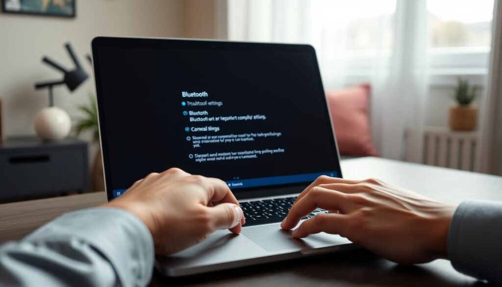 A close-up view of a modern laptop with a troubleshooting screen displaying Bluetooth settings. In the foreground, a pair of hands, wearing modest, professional attire, are interacting with the touchpad, showcasing a focused approach to problem-solving. The middle layer features the vibrant laptop screen illuminated, highlighting Bluetooth connectivity options and error messages in a clean, sleek interface. In the background, a softly blurred home office setting conveys a sense of calm and concentration, with muted colors and natural light filtering through a window, creating an inviting atmosphere for working. The image captures a moment of determination as the user addresses Bluetooth connectivity issues.