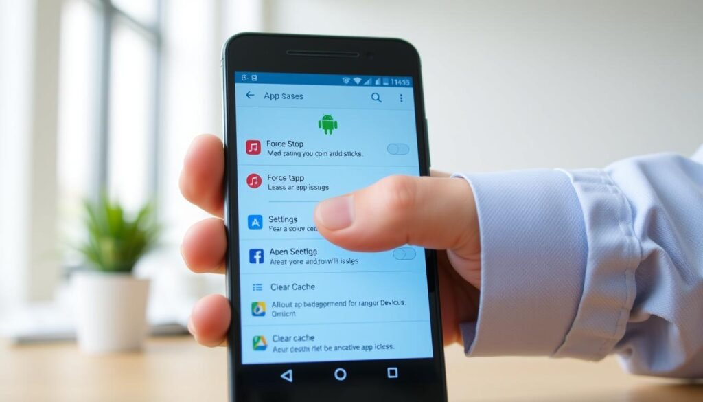A colorful smartphone interface displaying the Android settings menu, specifically highlighting the "Force Stop" and "Clear Cache" options for managing app issues. In the foreground, the smartphone's screen shows a visually appealing list of apps, with the Android mascot icon subtly integrated. The middle ground features a hand (dressed in a professional business shirt) interacting with the screen, tapping on the settings. The background consists of a modern, clean workspace with soft, natural lighting, creating a calm and focused atmosphere. The image should evoke a sense of practicality and ease in managing application performance, emphasizing a solution-oriented approach to fixing app crashes.