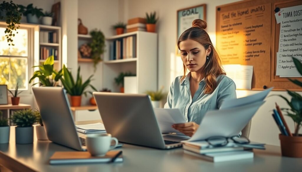 A cozy home office setting, with a well-organized desk featuring a laptop, notebooks, and a cup of coffee. In the foreground, a focused woman in professional casual attire reviews business documents, showcasing a determined expression. To the side, a bulletin board displays goal checklists and motivational quotes, emphasizing productivity. The background reveals a softly lit room with potted plants, shelves filled with books, and a window letting in warm afternoon sunlight, creating an inviting atmosphere. The overall mood is optimistic and inspiring, reflecting the essence of successful home-based business management. Use a warm color palette with soft lighting to enhance the comforting vibe. The image should be captured from a slightly elevated angle to provide a comprehensive view of the workspace.