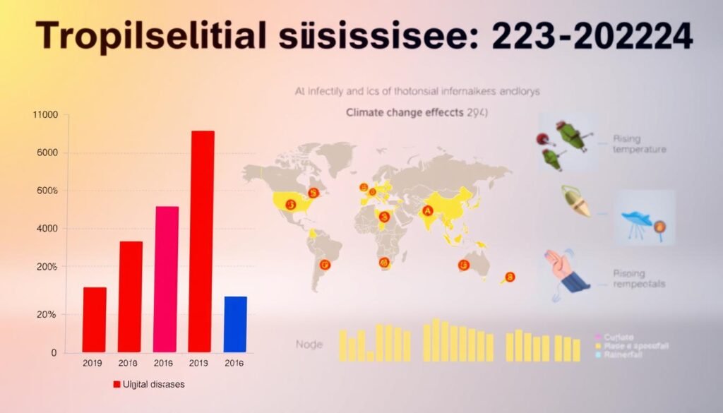 A detailed infographic illustrating the trends of tropical diseases in 2023-2024, focusing on Indonesia and global statistics. In the foreground, a striking bar chart displays rising infection rates, with a notable increase highlighted in vibrant colors. The middle ground showcases a world map pinpointing regions affected by these diseases, using bright markers for significance. In the background, a soft, blended gradient representing climate change effects — warm colors to the left symbolizing rising temperatures and cooler tones to the right indicating increased rainfall. The lighting is bright and professional, mimicking an informative presentation. The atmosphere is serious yet engaging, aimed at raising awareness about the impact of climate change on health. No text or commercial elements included.