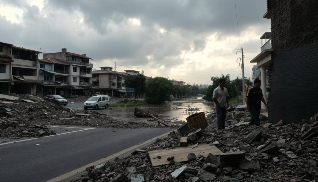 A devastated urban landscape showcasing the aftermath of a natural disaster in Indonesia. In the foreground, broken roads and collapsed buildings, with rubble scattered around. A couple of emergency responders in professional attire assessing the damage, examining structural cracks on a nearby wall. In the middle ground, partially submerged vehicles and fallen trees, while debris floats in stagnant water. The background features a cloudy sky with a hint of sunlight breaking through, creating a somber and reflective atmosphere. The scene is captured from a slightly elevated angle, emphasizing the scale of destruction. Soft diffused lighting enhances the mood of devastation and urgency, while maintaining an overall realistic portrayal of infrastructure damage following a calamity.