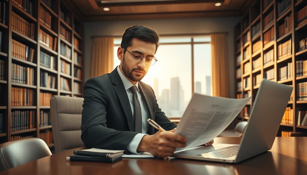 A formal setting in an office, featuring a confident male figure who resembles Ahmad Dhani, dressed in a smart suit, engaged in writing a report at a sleek desk. The foreground shows him focused on his document, with a laptop open and a pen in hand. In the middle ground, a large window reveals a city skyline bathed in warm sunlight, suggesting afternoon light. Bookshelves filled with legal and artistic texts line the walls behind him, adding depth. The atmosphere is serious yet artistic, reflecting a dedication to addressing important issues. The lighting is soft but highlights the subject’s face and the document, creating an engaging and professional mood. The angle is slightly elevated, capturing the subject in action without distractions. A formal setting in an office, featuring a confident male figure who resembles Ahmad Dhani, dressed in a smart suit, engaged in writing a report at a sleek desk. The foreground shows him focused on his document, with a laptop open and a pen in hand. In the middle ground, a large window reveals a city skyline bathed in warm sunlight, suggesting afternoon light. Bookshelves filled with legal and artistic texts line the walls behind him, adding depth. The atmosphere is serious yet artistic, reflecting a dedication to addressing important issues. The lighting is soft but highlights the subject’s face and the document, creating an engaging and professional mood. The angle is slightly elevated, capturing the subject in action without distractions.