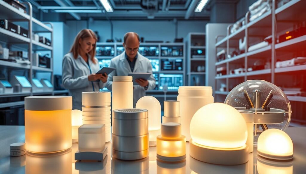 A futuristic array of smart sensors displayed prominently in the foreground, showcasing various shapes and sizes: cylindrical, rectangular, and spherical. Each sensor glimmers softly under bright, diffused daylight, highlighting their sleek designs and advanced technology. In the middle ground, a high-tech laboratory setting is visible, with engineers in professional attire examining the sensors, using tablets and digital interfaces to interact with the devices. The background features shelves filled with gadgets and screens displaying real-time data, all set in a clean, modern environment. The overall atmosphere is one of innovation and cutting-edge technology, infused with a sense of discovery and collaboration, captured from a slightly elevated angle to emphasize both the sensors and the people engaged with them.