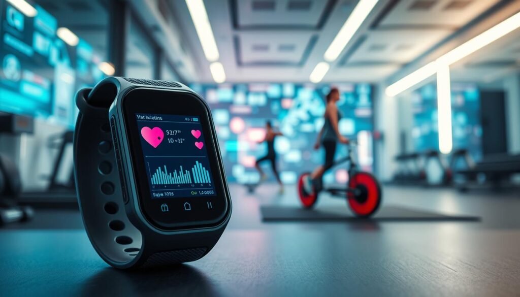 A futuristic wearable device, featuring a sleek, ergonomic design with advanced health monitoring capabilities, is prominently displayed in the foreground. The device features a vibrant touchscreen interface showing biometrics like heart rate, oxygen levels, and sleep patterns. In the middle ground, a blurred representation of a modern, high-tech gym setting filled with abstract visuals of data analytics and user interactions emphasizes the technological aspects of fitness. The background showcases a bright, well-lit, minimalist urban environment, hinting at an integrated lifestyle. The mood is inspiring and innovative, with soft, dynamic lighting that conveys a sense of sophistication and cutting-edge technology. The scene is captured from an eye-level angle that invites the viewer into the future of health tech without any distractions.