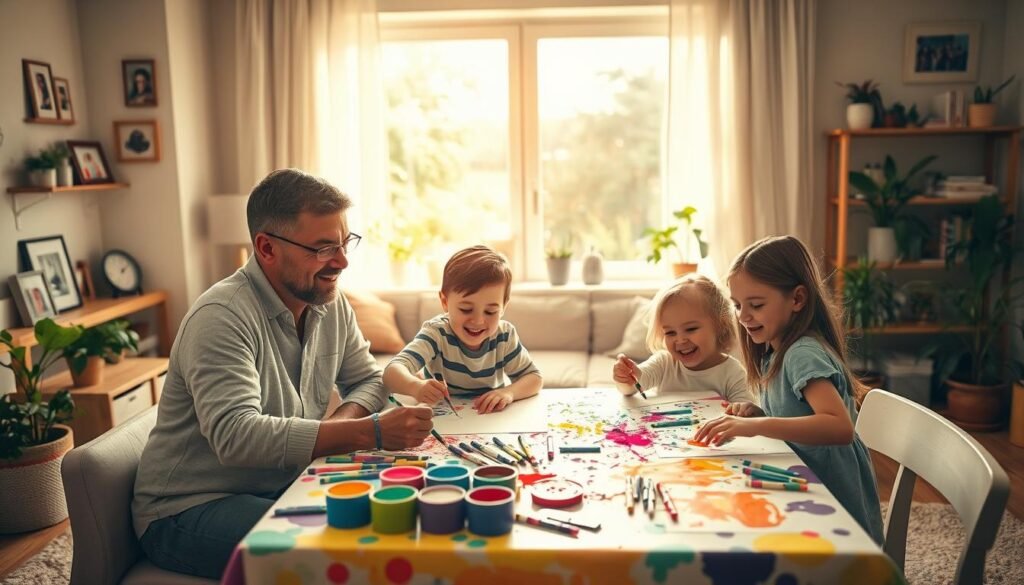 A heartwarming scene featuring a family of four—parents and two children—engaging in creative activities at home. The parents, dressed in comfortable yet modest casual attire, are seated at a colorful art table covered with various crafting supplies: paints, paper, and markers. The children, a boy and a girl, are joyfully painting, with bright colors splattering around them. In the background, warm, natural light filters through a large window, illuminating the cheerful atmosphere of the cozy, well-decorated living room filled with family photos and plants. The mood is vibrant and playful, capturing the essence of familial bonding and creativity. Use a soft focus effect to enhance the warmth and intimacy of the scene. A heartwarming scene featuring a family of four—parents and two children—engaging in creative activities at home. The parents, dressed in comfortable yet modest casual attire, are seated at a colorful art table covered with various crafting supplies: paints, paper, and markers. The children, a boy and a girl, are joyfully painting, with bright colors splattering around them. In the background, warm, natural light filters through a large window, illuminating the cheerful atmosphere of the cozy, well-decorated living room filled with family photos and plants. The mood is vibrant and playful, capturing the essence of familial bonding and creativity. Use a soft focus effect to enhance the warmth and intimacy of the scene.