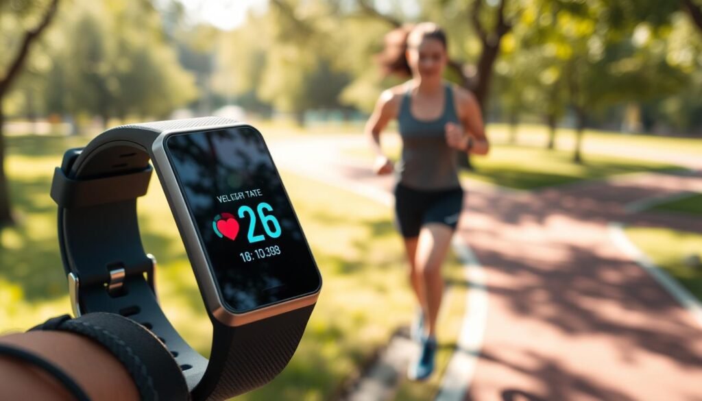 A high-performance fitness tracker displayed prominently in the foreground, showcasing a modern, sleek design with a vibrant digital screen. The tracker is positioned on a wrist, demonstrating advanced metrics such as heart rate and activity levels. In the middle ground, a fit individual engages in an athletic activity, wearing technological sports gear, radiating energy and determination. The background features a bright, sunlit park, with lush greenery and a running path, emphasizing a healthy lifestyle. Soft, natural lighting illuminates the scene, creating an uplifting atmosphere. Use a wide-angle lens to capture the depth of the environment while focusing sharply on the tracker and the individual, conveying innovation and motivation in health technology.