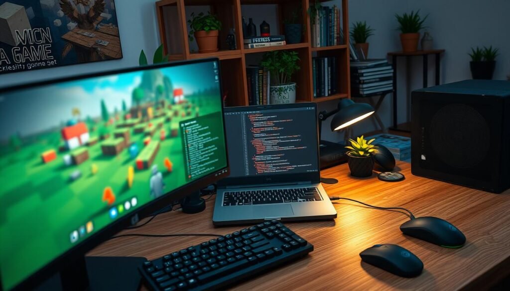A highly detailed digital workspace showcasing a Minecraft mod focused on performance optimization for improved FPS. In the foreground, display a computer monitor with vibrant, colorful graphics of Minecraft gameplay, highlighting the smooth frame rates achieved through specific mods. In the middle, an open laptop showing code snippets and mod configurations, surrounded by gaming accessories like a mechanical keyboard and gaming mouse. The background features shelves stacked with game design books and plants to create a tech-savvy atmosphere. Soft, ambient lighting enhances the scene, simulating a cozy gamer environment. The angle captures a slight overhead view, inviting viewers into the workspace while emphasizing the efficiency of game performance mods.