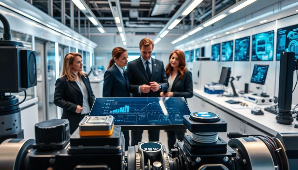 A modern, high-tech environment showcasing the advantages of next-generation smart sensors. In the foreground, a diverse team of professionals in smart business attire is engaged in a collaborative discussion around a sleek digital interface displaying sensor data analytics. In the middle ground, advanced smart sensors are positioned on equipment and devices, emphasizing their innovative designs and functionalities. The background features a futuristic laboratory filled with soft blue and white lighting, sleek workstations, and high-tech screens illustrating real-time environmental monitoring. The overall atmosphere conveys innovation and professionalism, highlighting the transformative impact of smart sensors in various industries. Capture this scene from a slightly elevated angle to provide depth and context, ensuring a clear focus on the collaboration and technology at the forefront.