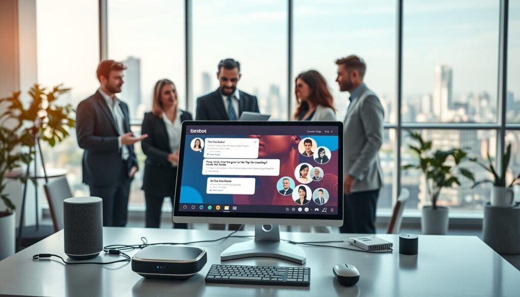 A modern office workspace featuring advanced AI customer support tools. In the foreground, a sleek, futuristic computer with a vibrant screen displaying a chatbot interface, surrounded by high-tech gadgets like a smart speaker and digital assistant device. In the middle ground, a diverse team of professionals in business attire, engaged in a virtual meeting, discussing customer service strategies. The background showcases a large window with a city skyline view, emphasizing a bright and open atmosphere. Soft natural lighting fills the room, creating a productive and collaborative mood. The focus is on innovation and teamwork, reflecting the cutting-edge nature of AI in customer support.