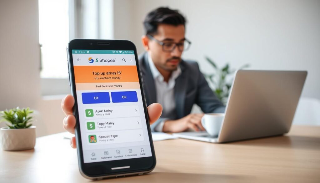 A modern smartphone displaying the Shopee app open on a top-up page for electronic money, set in a bright, inviting workspace. The smartphone is in focus at the foreground, showcasing a colorful interface with payment options. In the middle ground, a person in smart casual attire, who appears to be in their 30s, is intently looking at the screen, their expression focused and engaged. The background features a clean desk with a laptop, a small potted plant, and a cup of coffee, conveying a productive atmosphere. Soft natural light filters in from a nearby window, casting gentle shadows and creating a warm, approachable ambiance. The overall mood is informative and user-friendly, highlighting the ease of using the mobile app for top-up transactions. A modern smartphone displaying the Shopee app open on a top-up page for electronic money, set in a bright, inviting workspace. The smartphone is in focus at the foreground, showcasing a colorful interface with payment options. In the middle ground, a person in smart casual attire, who appears to be in their 30s, is intently looking at the screen, their expression focused and engaged. The background features a clean desk with a laptop, a small potted plant, and a cup of coffee, conveying a productive atmosphere. Soft natural light filters in from a nearby window, casting gentle shadows and creating a warm, approachable ambiance. The overall mood is informative and user-friendly, highlighting the ease of using the mobile app for top-up transactions.