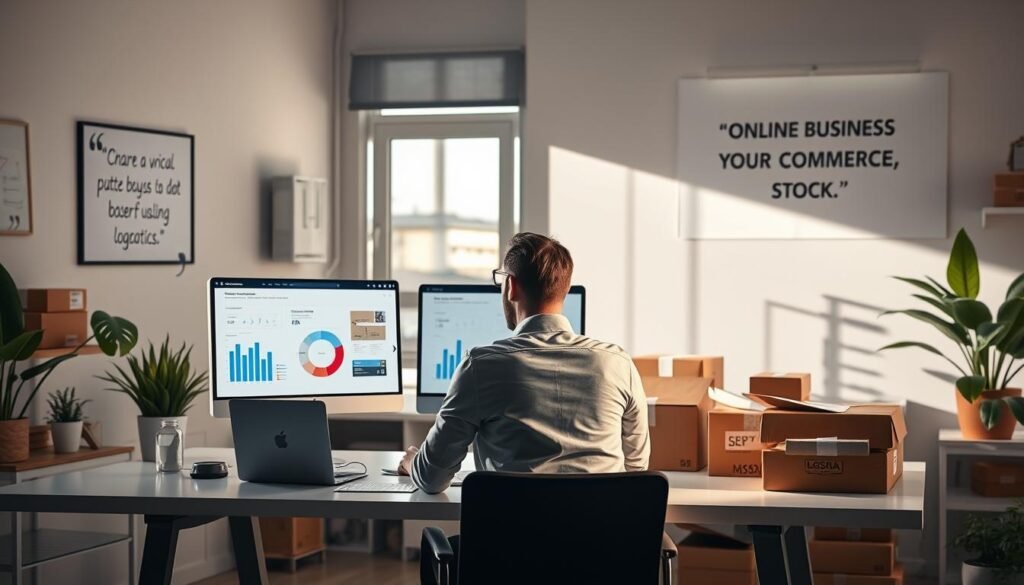 A modern workspace reflecting the concept of an online business without inventory. In the foreground, a professional wearing business attire is seated at a sleek desk, analyzing charts and digital devices, embodying determination and focus. The middle layer features a computer screen displaying e-commerce statistics, while packages in the background hint at a virtual logistics network, symbolizing dropshipping. Soft, natural lighting pours in from a nearby window, creating a warm and inviting atmosphere. The room is adorned with motivational business quotes and plants, adding to the vibrant and productive mood. The overall scene conveys the challenges faced in online business without physical stock, alongside the innovative solutions being explored.