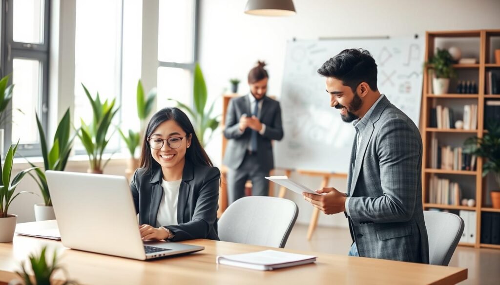 A modern workspace showcasing men and women engaged in online service-related activities. Foreground: a diverse professional woman in a smart casual outfit, sitting at a desk with a laptop, focused and smiling as she engages in a video call. Middle ground: a man in a business suit taking notes while brainstorming on a whiteboard filled with ideas. Background: a bright, inviting office space with plants, bookshelves, and large windows letting in natural light, creating an energetic atmosphere. The overall mood is inspiring and collaborative, suggesting motivation and creativity in selling online services. Use soft, warm lighting to enhance the welcoming feel, with a slight tilt angle for a dynamic perspective.