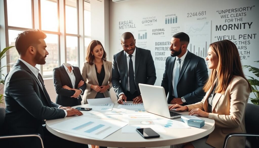 A professional business setting that embodies strategies for small and medium enterprise success. In the foreground, a diverse group of three people, dressed in professional business attire, engage in a discussion around a round table filled with charts, graphs, and a laptop. The middle scene captures a bright, modern office space with large windows allowing natural light to pour in, creating an optimistic atmosphere. In the background, a wall adorned with inspirational quotes and charts reflects growth and progress, symbolizing a thriving business environment. Soft, warm lighting illuminates the scene, enhancing the collaborative and motivational mood. The angle is slightly elevated, providing a clear view of the participants' focused expressions as they brainstorm ideas and strategies. A professional business setting that embodies strategies for small and medium enterprise success. In the foreground, a diverse group of three people, dressed in professional business attire, engage in a discussion around a round table filled with charts, graphs, and a laptop. The middle scene captures a bright, modern office space with large windows allowing natural light to pour in, creating an optimistic atmosphere. In the background, a wall adorned with inspirational quotes and charts reflects growth and progress, symbolizing a thriving business environment. Soft, warm lighting illuminates the scene, enhancing the collaborative and motivational mood. The angle is slightly elevated, providing a clear view of the participants' focused expressions as they brainstorm ideas and strategies.