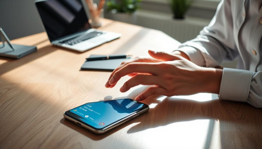 A serene and focused workspace featuring a modern Android smartphone on a sleek wooden desk. The phone's screen displays the "Safe Mode" interface prominently, with icons and a soft blue background. In the foreground, a pair of hands of a professional individual, dressed in a modest casual outfit, is gently interacting with the phone, illustrating the process of reinstalling an application. Bright, natural lighting streams in from a nearby window, casting soft shadows to create a calm atmosphere. In the background, an organized workspace with a laptop and stationery signifies a productive tech environment. The entire scene conveys a sense of troubleshooting and technical efficiency, inviting viewers to explore the concept of Android app reinstallation within Safe Mode.