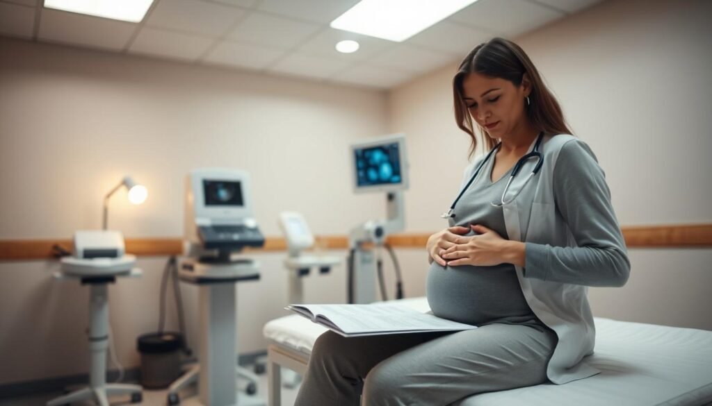 A serene and professional medical setting focused on a routine pregnancy check-up. In the foreground, a pregnant woman in modest, casual clothing sits comfortably on an examination table, gently resting her hand on her abdomen, showcasing a calm expression. A healthcare provider, wearing a lab coat, closely examines a prenatal chart beside her. In the middle ground, medical equipment such as an ultrasound machine and a stethoscope are visible, emphasizing the care involved in prenatal health. The background includes soft, ambient lighting from overhead lamps, casting a warm glow throughout the room, creating a reassuring and supportive atmosphere. The scene captures the essence of routine health checks for expectant mothers, promoting a sense of safety and professionalism. A serene and professional medical setting focused on a routine pregnancy check-up. In the foreground, a pregnant woman in modest, casual clothing sits comfortably on an examination table, gently resting her hand on her abdomen, showcasing a calm expression. A healthcare provider, wearing a lab coat, closely examines a prenatal chart beside her. In the middle ground, medical equipment such as an ultrasound machine and a stethoscope are visible, emphasizing the care involved in prenatal health. The background includes soft, ambient lighting from overhead lamps, casting a warm glow throughout the room, creating a reassuring and supportive atmosphere. The scene captures the essence of routine health checks for expectant mothers, promoting a sense of safety and professionalism.