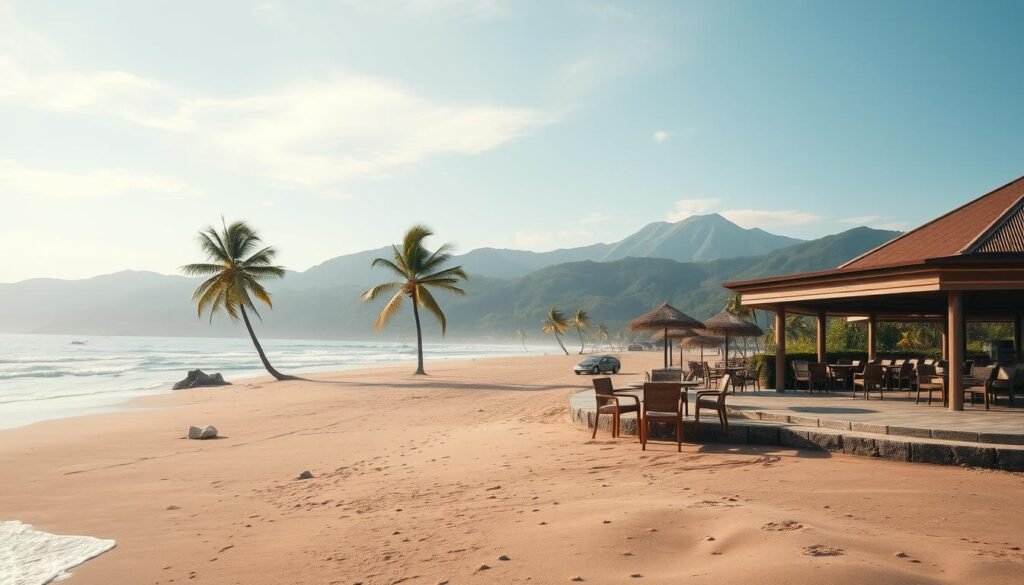 A serene and somewhat empty Bali tourist destination scene, highlighting various factors contributing to the decline in tourism. Foreground: a quiet beach with gentle waves lapping at the shore, and a few scattered palm trees swaying in a soft breeze. Middle ground: an abandoned beachside cafe with empty chairs and tables, showcasing a sense of desolation. Background: lush green hills under a bright blue sky, with distant volcanic mountains. Soft, natural lighting creates a warm atmosphere, capturing the essence of a once-bustling paradise now experiencing quietude. The image should be framed from a slightly elevated angle to provide a comprehensive view of the scene, illustrating both beauty and stillness in Bali's landscape.