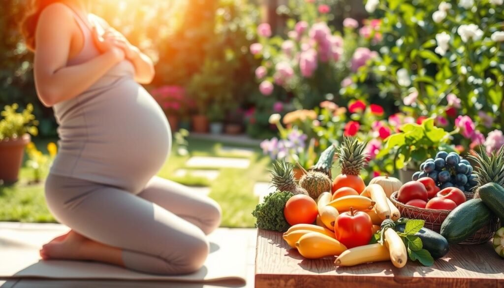 A serene and vibrant scene depicting a healthy lifestyle during pregnancy. In the foreground, a pregnant woman in comfortable, modest athletic wear is practicing yoga on a soft mat, showcasing her peaceful demeanor and focus. The middle ground features a colorful array of fresh fruits and vegetables on a wooden table, emphasizing nutrition and healthy eating. In the background, a sunlit garden filled with greenery and blooming flowers creates a calm, inviting atmosphere. Soft, natural lighting illuminates the scene, casting gentle shadows that enhance the freshness of the environment. The overall mood is uplifting and encouraging, promoting well-being and tranquility for expectant mothers. A serene and vibrant scene depicting a healthy lifestyle during pregnancy. In the foreground, a pregnant woman in comfortable, modest athletic wear is practicing yoga on a soft mat, showcasing her peaceful demeanor and focus. The middle ground features a colorful array of fresh fruits and vegetables on a wooden table, emphasizing nutrition and healthy eating. In the background, a sunlit garden filled with greenery and blooming flowers creates a calm, inviting atmosphere. Soft, natural lighting illuminates the scene, casting gentle shadows that enhance the freshness of the environment. The overall mood is uplifting and encouraging, promoting well-being and tranquility for expectant mothers.