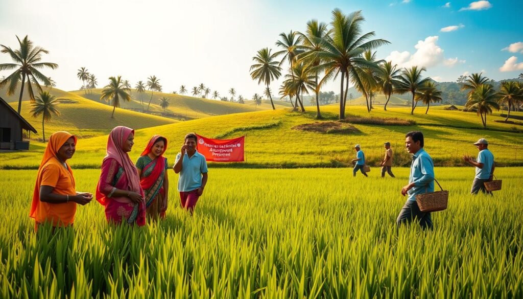 A serene landscape scene depicting a community-supported agricultural program in Sumatra. In the foreground, a diverse group of farmers, dressed in modest casual clothing, is happily working together in a lush green rice field, interacting and exchanging helpful tips. In the middle ground, there are brightly colored banners representing the assistance program, and farmers carrying their harvest in woven baskets. The background features rolling hills dotted with palm trees and a clear blue sky, suggesting an optimistic atmosphere. The scene is illuminated by warm, golden sunlight filtering through the trees, casting gentle shadows. Capture the essence of collaboration and resilience in times of adversity. The composition should evoke hope and community spirit, with an overall uplifting mood.