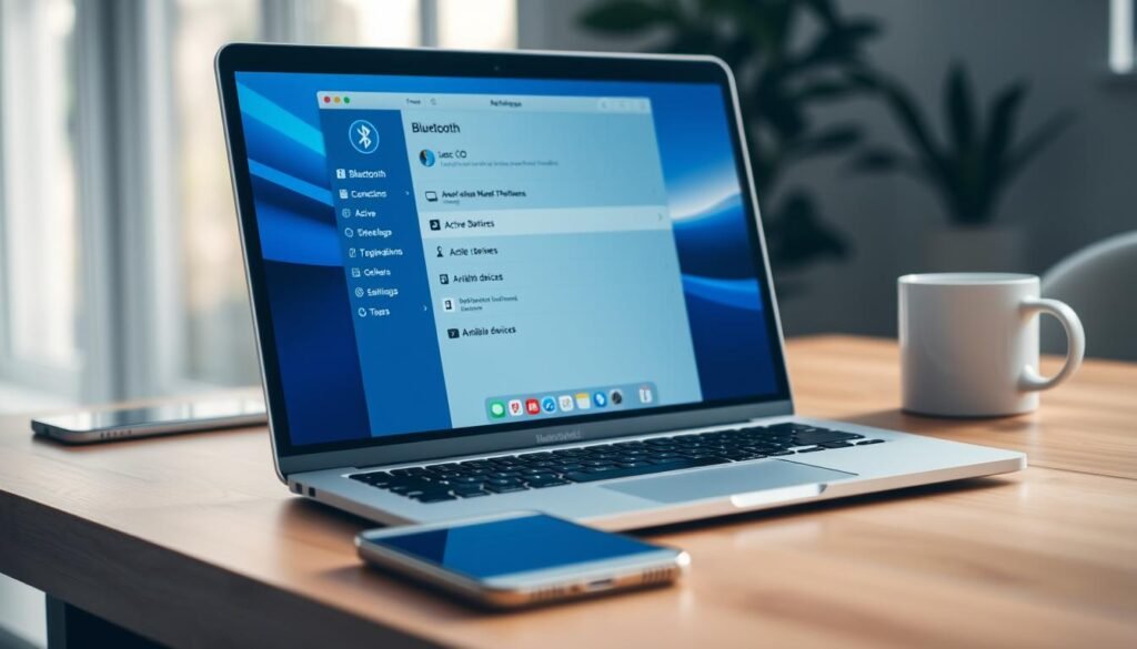 A sleek macOS laptop sits on a modern wooden desk, showcasing the Bluetooth settings interface prominently on the screen. The foreground features a close-up of the screen filled with vivid graphical elements of the Bluetooth menu, including active device connections and available devices. The middle ground includes an aesthetically arranged workspace with a smartphone and a coffee mug, subtly blurred to maintain focus on the laptop. The background displays soft, natural lighting filtering through a nearby window, creating a warm, inviting atmosphere. The overall mood conveys a sense of ease and modern technology, illustrating the simplicity of activating Bluetooth settings in macOS, aimed at users seeking to enhance their tech experience.