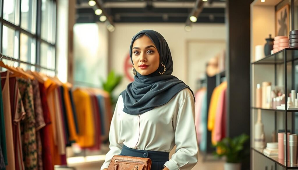 A stylish hijab-wearing influencer stands confidently in the foreground, showcasing a modern, chic outfit that blends traditional and contemporary fashion elements. She is accessorized with elegant jewelry and a fashionable handbag, exuding grace and poise. The middle ground features a softly blurred boutique setting, filled with vibrant clothing racks and beauty products, emphasizing the fashion and beauty aspect. In the background, gentle natural light pours through large windows, creating a warm and inviting atmosphere. The image is captured with a shallow depth of field, focusing on the influencer while allowing the boutique's details to subtly enhance the scene. The mood is inspiring and uplifting, celebrating the diverse beauty and creativity within the hijabers’ fashion community. A stylish hijab-wearing influencer stands confidently in the foreground, showcasing a modern, chic outfit that blends traditional and contemporary fashion elements. She is accessorized with elegant jewelry and a fashionable handbag, exuding grace and poise. The middle ground features a softly blurred boutique setting, filled with vibrant clothing racks and beauty products, emphasizing the fashion and beauty aspect. In the background, gentle natural light pours through large windows, creating a warm and inviting atmosphere. The image is captured with a shallow depth of field, focusing on the influencer while allowing the boutique's details to subtly enhance the scene. The mood is inspiring and uplifting, celebrating the diverse beauty and creativity within the hijabers’ fashion community.