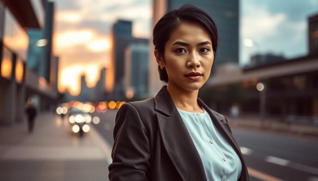 A stylish, professionally dressed Indonesian woman, embodying the persona of Mulan Jameela, stands confidently in a sleek urban setting. She is wearing a modern, elegant outfit with a fitted blazer and tasteful accessories. Her expression is contemplative, showcasing a blend of strength and vulnerability, hinting at the underlying issue of a third party in her life. In the foreground, focus on her poised stance, while in the middle ground, a blurred cityscape hints at the bustling environment of Jakarta. The background features a dusk sky, casting a warm, golden light that adds a dramatic contrast to the scene. Use a shallow depth of field to emphasize her while subtly blurring the surroundings, creating an intimate atmosphere filled with intrigue and emotion. A stylish, professionally dressed Indonesian woman, embodying the persona of Mulan Jameela, stands confidently in a sleek urban setting. She is wearing a modern, elegant outfit with a fitted blazer and tasteful accessories. Her expression is contemplative, showcasing a blend of strength and vulnerability, hinting at the underlying issue of a third party in her life. In the foreground, focus on her poised stance, while in the middle ground, a blurred cityscape hints at the bustling environment of Jakarta. The background features a dusk sky, casting a warm, golden light that adds a dramatic contrast to the scene. Use a shallow depth of field to emphasize her while subtly blurring the surroundings, creating an intimate atmosphere filled with intrigue and emotion.