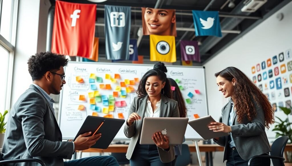 A vibrant and dynamic workspace showcasing young entrepreneurs engaging in social media marketing strategies. In the foreground, a diverse group of three young adults, dressed in professional business attire, brainstorm ideas using laptops and tablets. The middle ground features a large whiteboard filled with colorful sticky notes and diagrams illustrating social media promotion techniques. In the background, bright banners displaying various social media logos hang on the walls, creating an energetic atmosphere. The lighting is bright and natural, simulating a modern, well-lit office setting. The mood is collaborative and creative, reflecting youthful innovation and trendsetting in the realm of social media marketing.