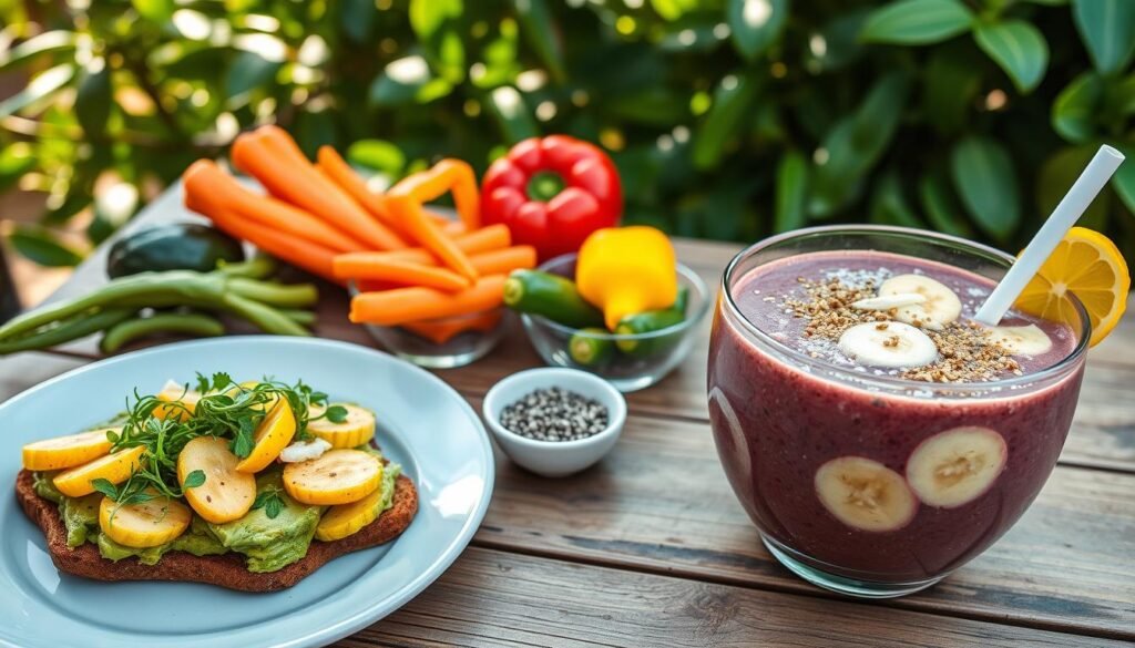 A vibrant and fresh layout of contemporary healthy Indonesian food, featuring colorful dishes on a rustic wooden table. In the foreground, a beautifully arranged plate of avocado toast topped with microgreens and a sprinkle of sesame seeds, alongside a smoothie bowl filled with açai, topped with sliced bananas, chia seeds, and coconut flakes. In the middle, a variety of fresh vegetables like carrots, bell peppers, and cucumbers elegantly placed in small bowls, showcasing their natural colors. The background includes lush greenery, hinting at an outdoor setting, with soft sunlight filtering through leaves, creating a warm and inviting atmosphere. The scene is captured from a slightly elevated angle to highlight the details of the food presentation, emphasizing healthiness and freshness.