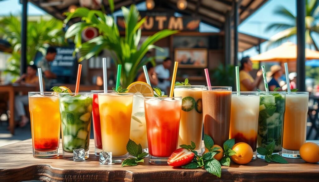 A vibrant display of contemporary Indonesian drinks, showcasing a variety of colorful beverages such as refreshing iced teas, fruit smoothies, and traditional drinks like es cendol and es kopi. In the foreground, a beautifully arranged assortment of these drinks sits on a rustic wooden table, surrounded by fresh fruits and mint leaves, with glistening ice cubes reflecting the sunlight. The middle ground features a blurred view of a bustling Indonesian café, with patrons enjoying their drinks, dressed in casual, modest attire. The background captures a sunny outdoor atmosphere with tropical plants and a clear blue sky. The mood is lively and inviting, illuminated by warm, natural light to enhance the vivid colors of the drinks. The image should have a soft focus, highlighting the drinks as the central element.