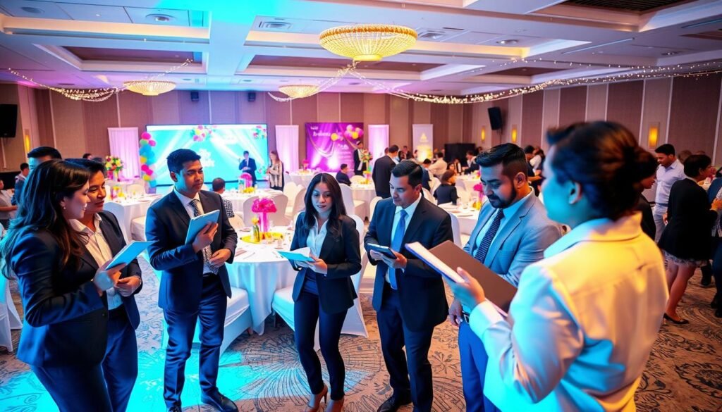 A vibrant event planning scene showcasing a beautifully decorated venue for a celebration. In the foreground, a diverse group of professional event planners in smart attire are engaged in discussions, holding tablets and clipboards. In the middle, elegantly arranged tables with colorful centerpieces, balloons, and lighting creating an inviting atmosphere. Various decorations hint at a festive theme, such as banners for a wedding or birthday party. In the background, guests mingling and enjoying the event under soft, warm lighting, with fairy lights twinkling overhead. Capture the excitement and professionalism, with a focus on teamwork, creativity, and festive joy in a spacious, well-decorated hall. The angle is a slight elevation, giving a comprehensive view of the lively atmosphere.