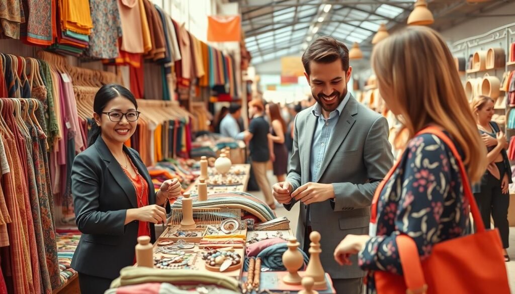 A vibrant fashion and handcrafted goods marketplace scene, showcasing an array of colorful fabrics, stylish clothing, and beautifully crafted artisan products. In the foreground, a friendly vendor in professional business attire is displaying handmade jewelry and accessories, while a customer examines a stylish garment. The middle layer features a variety of stalls filled with textiles, artisan crafts, and small decor items made from local materials. The background shows a bustling marketplace with shoppers exploring the wares. Natural lighting illuminates the scene, enhancing the rich colors and textures. The atmosphere is lively and inviting, capturing the essence of small business opportunities in fashion and crafts. The angle is slightly elevated, allowing for a comprehensive view of the enthusiastic interactions between vendors and customers. A vibrant fashion and handcrafted goods marketplace scene, showcasing an array of colorful fabrics, stylish clothing, and beautifully crafted artisan products. In the foreground, a friendly vendor in professional business attire is displaying handmade jewelry and accessories, while a customer examines a stylish garment. The middle layer features a variety of stalls filled with textiles, artisan crafts, and small decor items made from local materials. The background shows a bustling marketplace with shoppers exploring the wares. Natural lighting illuminates the scene, enhancing the rich colors and textures. The atmosphere is lively and inviting, capturing the essence of small business opportunities in fashion and crafts. The angle is slightly elevated, allowing for a comprehensive view of the enthusiastic interactions between vendors and customers.