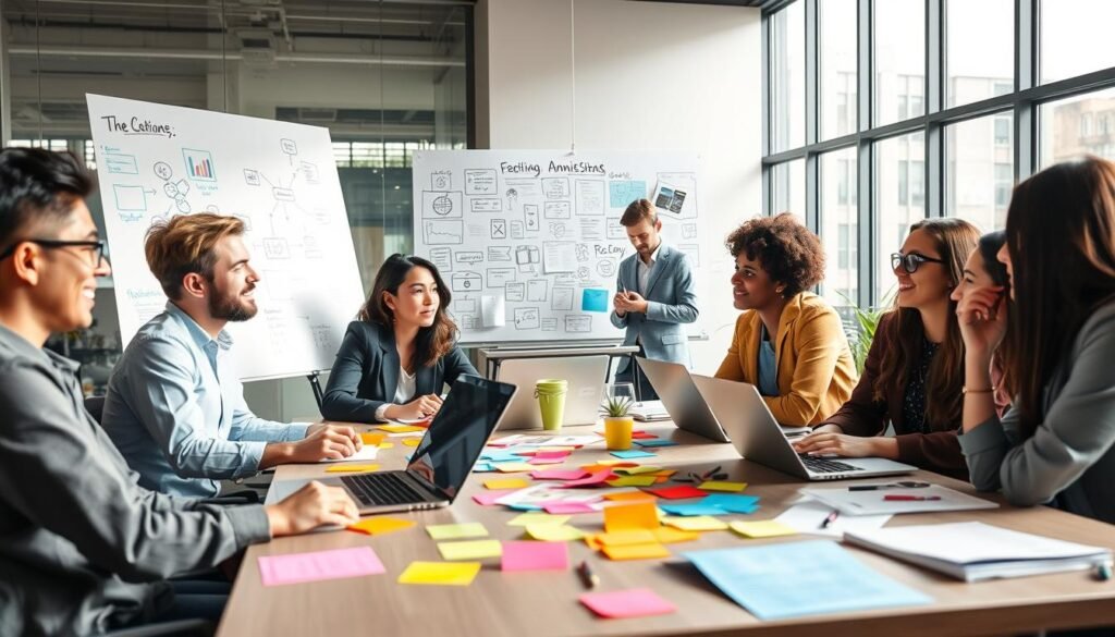 A vibrant scene depicting creative young entrepreneurs brainstorming innovative business ideas. In the foreground, a diverse group of young adults, dressed in professional attire, is gathered around a modern conference table filled with colorful post-it notes, laptops, and design sketches. The middle ground features a large whiteboard covered in mind maps and diagrams illustrating various business concepts. The background showcases an inspiring office space with large windows, allowing natural light to fill the room, creating a bright and energetic atmosphere. The overall mood is one of collaboration, enthusiasm, and ambition, conveying the promise of successful ventures led by the younger generation.
