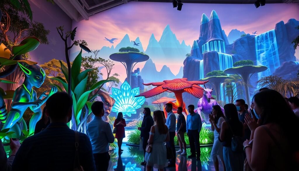 A vibrant scene depicting the Avatar exhibition in Jakarta, showcasing elements inspired by the lush, bioluminescent world of Pandora. In the foreground, diverse visitors in professional attire marvel at life-sized Na'vi figures and intricate installations. The middle ground features exotic plants with glowing accents and colorful holographic displays of Pandora's wildlife. In the background, a captivating representation of floating mountains and cascading waterfalls, illuminated by soft, ethereal lighting that creates a magical atmosphere. The composition is shot from a slight low angle to emphasize the grandeur of the exhibit. The mood is one of wonder and excitement, inviting viewers to experience the enchanting world of Avatar.
