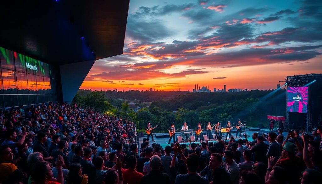 A vibrant scene depicting the transformation of Indonesia's music venues through the years. In the foreground, a modern amphitheater with sleek architecture, featuring colorful LED lights and a diverse crowd enjoying a live concert. The middle ground showcases musicians playing traditional Indonesian instruments alongside contemporary bands, blending cultural heritage with modern influences. In the background, lush greenery and iconic Indonesian landmarks fade into a sunset sky, casting an orange and pink glow. The atmosphere is energetic and celebratory, capturing the essence of a thriving music scene. The lighting is dynamic, highlighting performers and the excitement of the audience. Use a wide-angle lens perspective to encompass the lively environment. A vibrant scene depicting the transformation of Indonesia's music venues through the years. In the foreground, a modern amphitheater with sleek architecture, featuring colorful LED lights and a diverse crowd enjoying a live concert. The middle ground showcases musicians playing traditional Indonesian instruments alongside contemporary bands, blending cultural heritage with modern influences. In the background, lush greenery and iconic Indonesian landmarks fade into a sunset sky, casting an orange and pink glow. The atmosphere is energetic and celebratory, capturing the essence of a thriving music scene. The lighting is dynamic, highlighting performers and the excitement of the audience. Use a wide-angle lens perspective to encompass the lively environment.