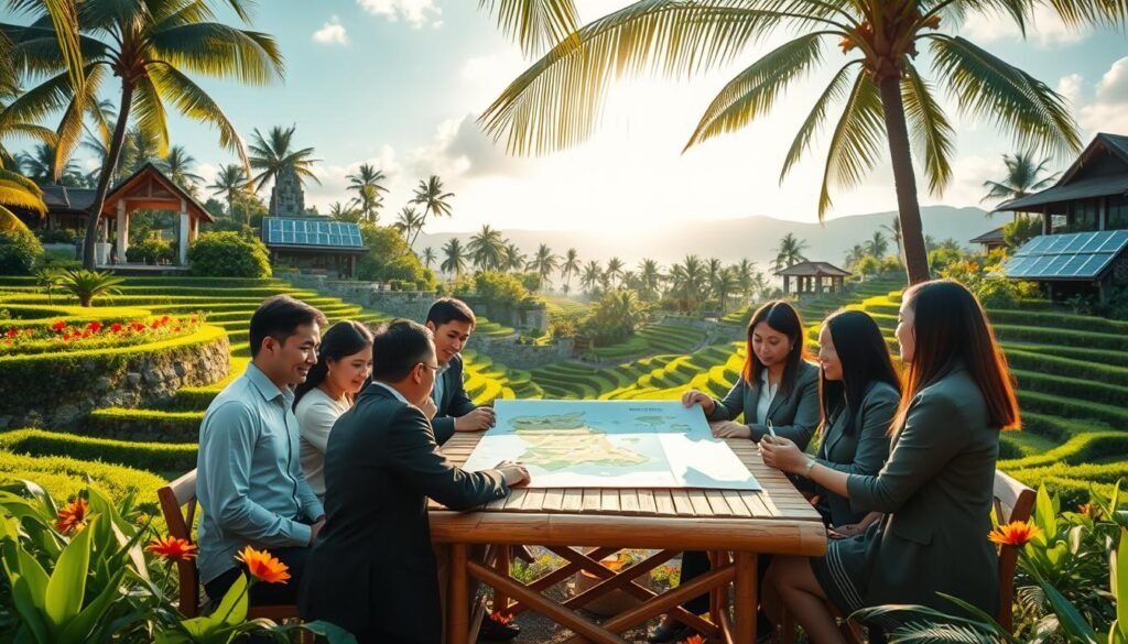A vibrant scene showcasing the future of tourism in Bali. In the foreground, a diverse group of professionals in business attire gathers around a table made of bamboo, discussing sustainable tourism solutions. They are reviewing a map of Bali's lesser-known natural attractions, with expressions of hope and determination. In the middle ground, lush green terraces and bright tropical flowers create a picturesque setting. In the background, iconic Balinese architecture harmonizes with eco-friendly innovations, like solar panels and green spaces. The sunlight filters through palm trees, casting a warm glow that enhances the collaborative atmosphere. The overall mood is optimistic and forward-thinking, reflecting a renewed vision for Bali's tourism industry.