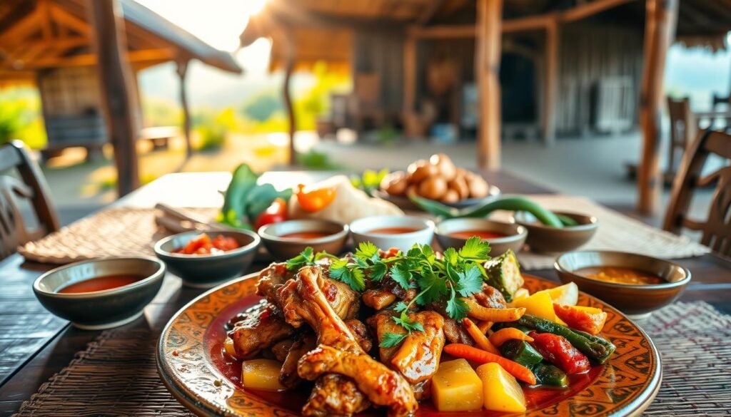 A vibrant table setting showcasing a traditional Nusa Tenggara dish, featuring an assortment of colorful Indonesian ingredients. In the foreground, a beautifully arranged plate of Ayam Taliwang, garnished with fresh herbs, along with sambal and stewed vegetables. The middle ground displays a rustic wooden table adorned with traditional woven mats and small ceramic bowls filled with spicy condiments. In the background, hints of Nusa Tenggara's lush landscapes and iconic huts can be seen, softly blurred. Golden, natural lighting filters through, creating a warm and inviting atmosphere, evoking a sense of comfort and authenticity. The scene is shot from a slightly elevated angle for a comprehensive view, celebrating the rich culinary heritage of Indonesia.