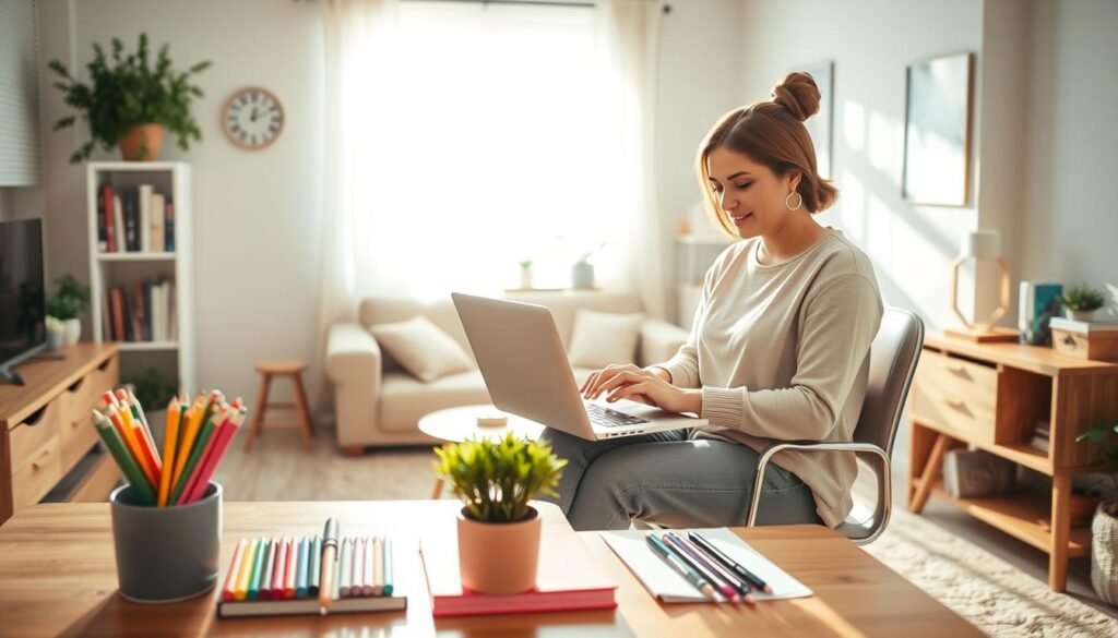 A warm and inviting home office setting, featuring a mother in modest casual clothing, sitting at a stylish desk while working on a laptop. In the foreground, a neat arrangement of colorful stationery and a potted plant adds a touch of creativity. The middle layer showcases a cozy living room with a sofa and a small bookshelf filled with books on entrepreneurship. In the background, a sunlit window streams natural light, casting soft shadows that enhance the atmosphere of productivity and comfort. The color palette consists of soft pastels and earthy tones, creating a calm and inspiring mood. The image captures the essence of home-based services that are perfect for mothers, emphasizing a balance between work and family life.