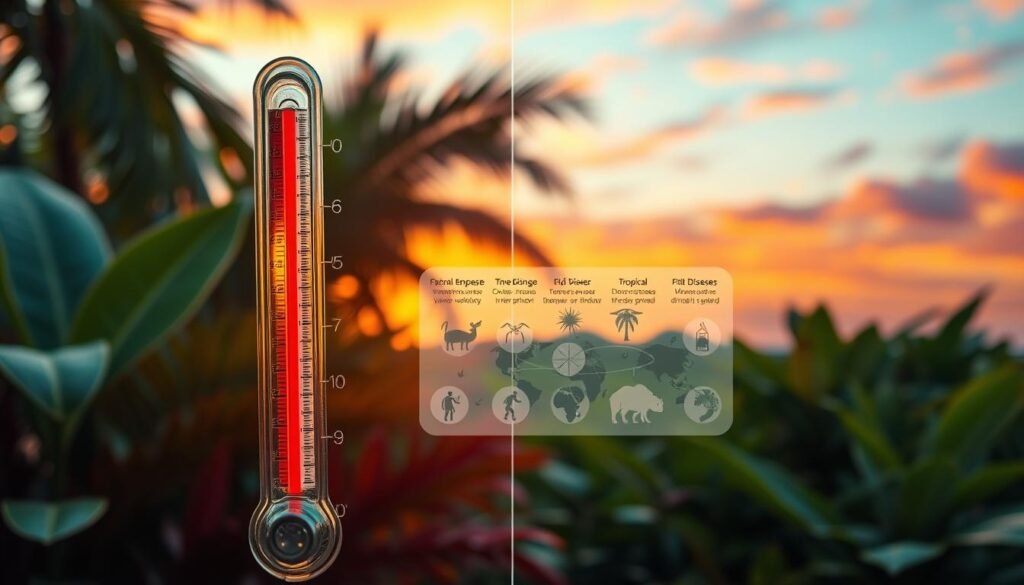 An insightful illustration of an optimal temperature window for disease transmission, depicting a split scene. The foreground features a vibrant, detailed thermometer displaying varying temperatures, set against a backdrop of tropical flora. In the middle ground, a stylized infographic-like representation shows the relationship between heat and disease spread, with icons of tropical diseases subtly interspersed among lush vegetation. The background showcases a vividly colorful sky, blending warm orange and cooler blue hues, suggesting a climate change transition. Utilize soft, natural lighting to create a warm atmosphere, with a slight lens blur towards the edges to emphasize the central elements. The overall mood should evoke concern and awareness, highlighting the urgent relationship between rising temperatures and increased disease risk.