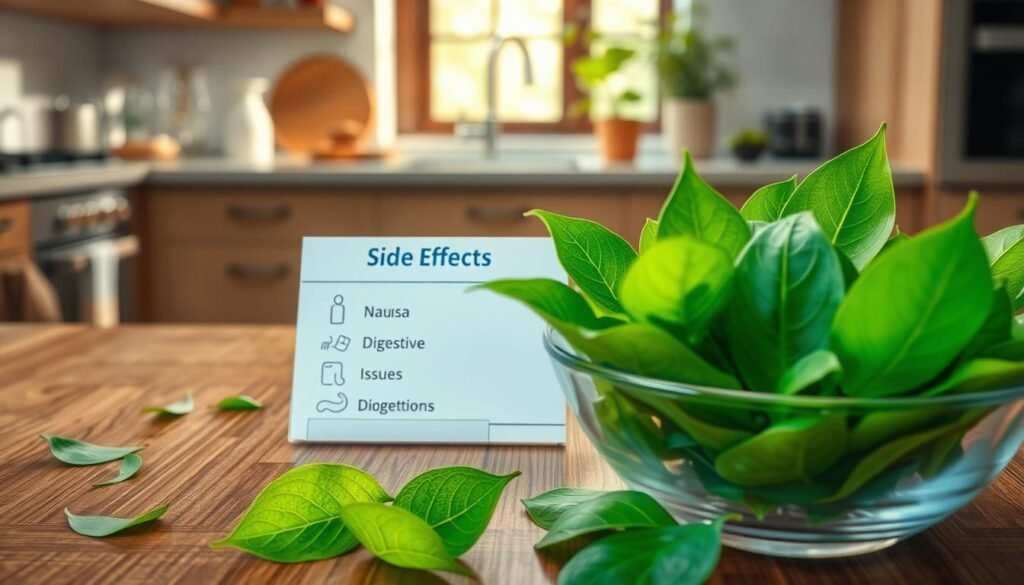 A detailed illustration depicting the side effects and warnings associated with consuming insulin leaves, focused on a table showcasing fresh insulin leaves alongside a list of potential side effects presented visually. In the foreground, vibrant green insulin leaves in a clear glass bowl, with a few scattered leaves around, embodying freshness. The middle ground features a softly lit card displaying side effects like nausea and digestive issues, illustrated with clear icons, arranged in a minimalist style. In the background, a serene kitchen setting with soft natural light flowing in, enhancing the peaceful mood. The scene is captured from an overhead angle using a macro lens to highlight the textures of the leaves and the clarity of the card, creating a professional and informative atmosphere.