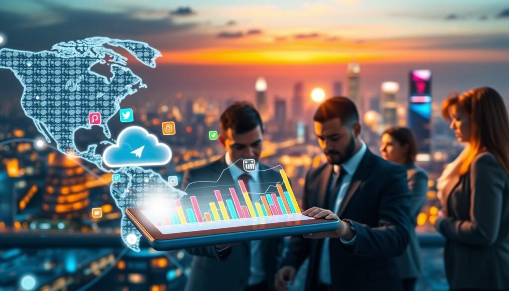 A modern digital marketing concept featuring a vibrant and interconnected global network. In the foreground, a diverse group of professionals in business attire collaborate around a sleek digital device displaying marketing analytics. The middle ground showcases colorful graphs and social media icons floating amid a digital cloud, symbolizing wide outreach and engagement. In the background, a city skyline illuminated by a sunset, creating a warm, inviting atmosphere that represents growth and opportunity. The lighting is bright and dynamic, emphasizing the cutting-edge nature of digital marketing. The scene conveys a sense of collaboration, innovation, and ambition, highlighting the effectiveness of leveraging digital strategies for extensive outreach.