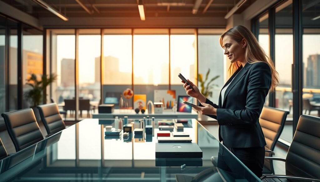 A modern office setting with a focus on brand strength and product quality. In the foreground, a confident businesswoman in professional attire stands at a sleek, glass conference table, reviewing a product sample with enthusiasm. The middle ground showcases a vibrant display of high-quality products arranged neatly, emphasizing innovation and craftsmanship. In the background, there are large windows letting in warm, natural light, with cityscape views creating a sense of professionalism. The overall atmosphere is one of inspiration and success, conveying a message of reliable branding and superior product quality. The lighting is bright yet soft, enhancing the inviting feel of the space, while the angle captures both the subject and the elements of brand strength effectively.