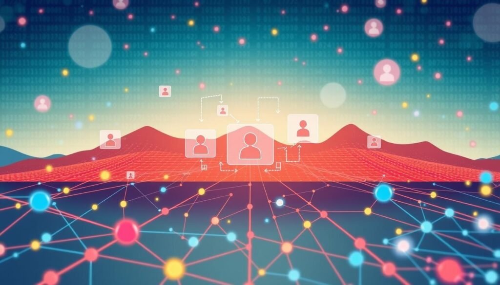 A visually engaging and informative illustration showcasing how social media algorithms work. In the foreground, include a stylized representation of interconnected data points and flowcharts, symbolizing data processing and user interaction. In the middle ground, have semi-transparent screens displaying social media icons and user profiles, surrounded by lines connecting them, indicating algorithmic paths. The background should feature a digital landscape with abstract binary codes and network grids, conveying a tech-savvy atmosphere. Utilize bright, vibrant colors to evoke a sense of innovation and engagement, with soft, diffused lighting to create depth, and a wide-angle perspective to capture the complexity of the algorithmic environment. Maintain a professional tone throughout the image, ensuring it is suitable for an academic audience. A visually engaging and informative illustration showcasing how social media algorithms work. In the foreground, include a stylized representation of interconnected data points and flowcharts, symbolizing data processing and user interaction. In the middle ground, have semi-transparent screens displaying social media icons and user profiles, surrounded by lines connecting them, indicating algorithmic paths. The background should feature a digital landscape with abstract binary codes and network grids, conveying a tech-savvy atmosphere. Utilize bright, vibrant colors to evoke a sense of innovation and engagement, with soft, diffused lighting to create depth, and a wide-angle perspective to capture the complexity of the algorithmic environment. Maintain a professional tone throughout the image, ensuring it is suitable for an academic audience.