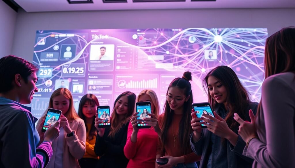 A visually engaging depiction of extreme personalization in TikTok's algorithm. In the foreground, a diverse group of young adults, dressed in smart casual clothing, are entranced by their smartphones displaying vibrant TikTok videos. The middle ground features a sleek digital interface displaying complex data visuals like user profiles and analytics. In the background, an abstract representation of interconnected data streams flows seamlessly, symbolizing the vast network of personalized content. Soft, colorful lighting casts an inviting yet slightly surreal atmosphere, highlighting the contrast between reality and the digital world. Use a wide-angle lens to capture the immersive experience, focusing on the emotional engagement of the users with their devices. The scene conveys a sense of fascination and intrigue about social media algorithms. A visually engaging depiction of extreme personalization in TikTok's algorithm. In the foreground, a diverse group of young adults, dressed in smart casual clothing, are entranced by their smartphones displaying vibrant TikTok videos. The middle ground features a sleek digital interface displaying complex data visuals like user profiles and analytics. In the background, an abstract representation of interconnected data streams flows seamlessly, symbolizing the vast network of personalized content. Soft, colorful lighting casts an inviting yet slightly surreal atmosphere, highlighting the contrast between reality and the digital world. Use a wide-angle lens to capture the immersive experience, focusing on the emotional engagement of the users with their devices. The scene conveys a sense of fascination and intrigue about social media algorithms.