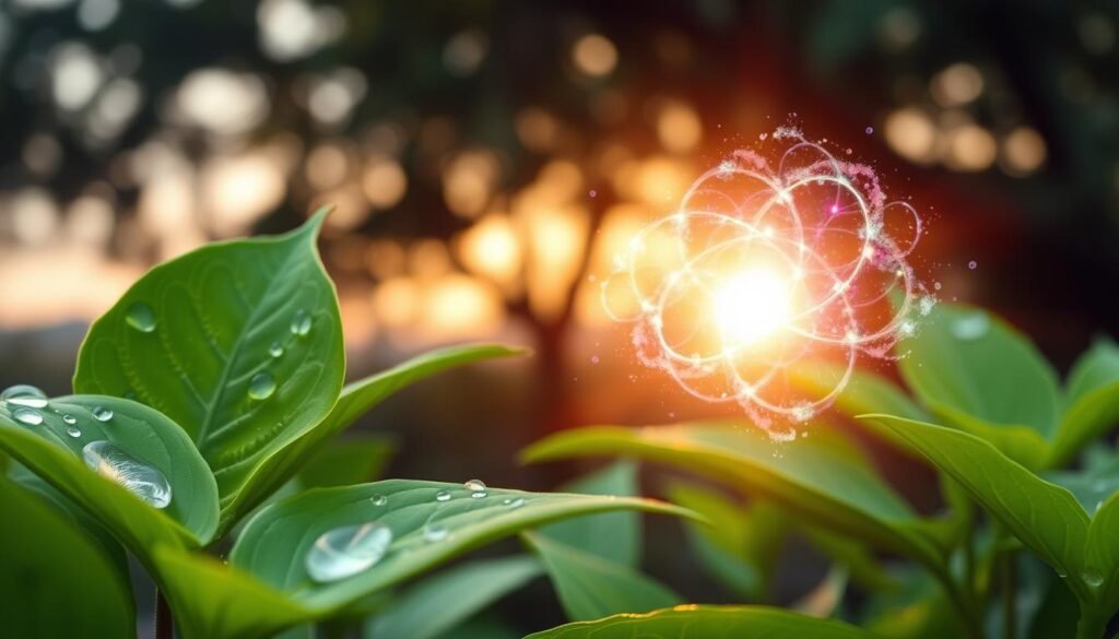 Lush green leaves of insulin plant in the foreground, with delicate droplets of water glistening on their surface, symbolizing antioxidants combating free radicals. In the middle ground, a soft-focus depiction of free radicals, illustrated as vibrant, swirling energy forms, being neutralized around the leaves. The background should feature a serene natural environment, with a gentle sunrise casting warm, golden light and soft shadows, creating a peaceful and hopeful atmosphere. Use a macro lens effect to capture the intricate textures of the leaves, emphasizing their health benefits. The overall mood should evoke a sense of vitality and wellness, reinforcing the connection between nature and bodily health.